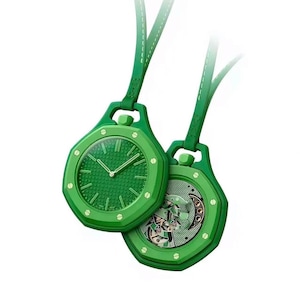 May include: Two bright green octagonal pocket watches with matching green straps. One watch displays a textured green dial with baton markers and hands, while the other reveals an intricate mechanical movement with visible gears and a perforated plate.