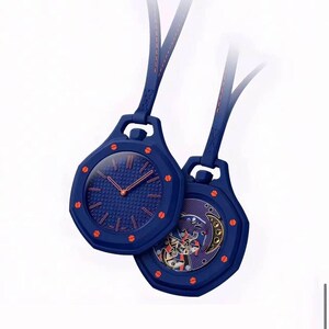 May include: Two navy blue octagonal pendant watches with matching straps. One watch features a textured blue dial with orange hands and markers. The other watch displays an exposed mechanical movement with intricate gears and a crescent moon detail.