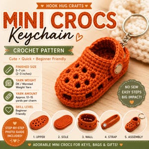 Może przedstawiać: Wzór szydełkowy na brelok w kształcie mini chodaka, z pomarańczowym butem z włóczki i metalowym kółkiem. Tekst zawiera Hook Hug Crafts, Mini Crocs Keychain, Crochet Pattern, gotowy rozmiar 5-7 cm oraz kroki montażu.