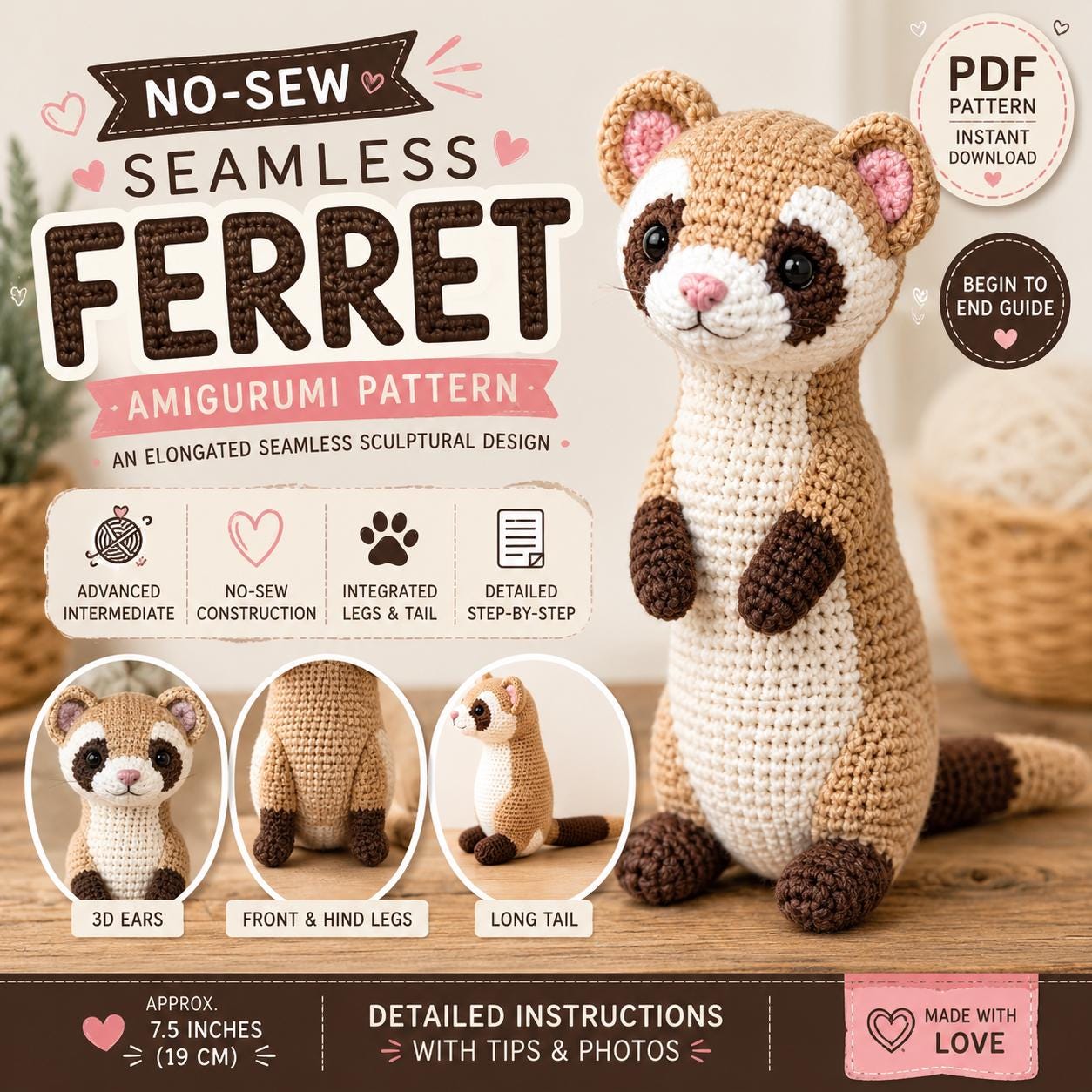 23 Ferret Crochet Patterns to Stitch Cute, Floppy, and Realistic Amigurumi 12 Crochet Ferret Seamless Amigurumi Plush Ferret Tutorial