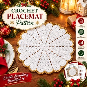 Puede incluir: Un mantel individual redondo de ganchillo blanco con un borde dorado festoneado. La imagen incluye el texto CROCHET PLACEMAT Pattern, PDF DOWNLOAD, US TERMINOLOGY, SKILL LEVEL BEGINNER+, DETAILED INSTRUCTIONS y Create Something Beautiful.