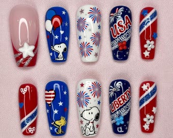 Patriotic 4th of July Press On Nails Snoopy Handmade Nails Custom Fake Glue On Nails USA Liberty Fireworks Woodstock Balloons Red White Blue