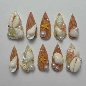 Ocean Seashell Press On Nails Handmade Custom Fake Glue On Nails 3D Cowrie Shell Starfish Pearl Sand Texture Brown Tan White Yellow