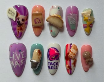 Taco Bell Press on Nails Handmade 3D Food Nails Luxury Chihuahua False Nails High Quality Hand painted Custom Fast Food Pop Art Nail Set