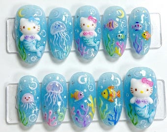 Kawaii Hello Kitty Mermaid Press On Nails | Cute Sanrio Under The Sea Fake Nails | 3D Jellyfish Coral Reef Fish Nail  | Ocean Summer Nails