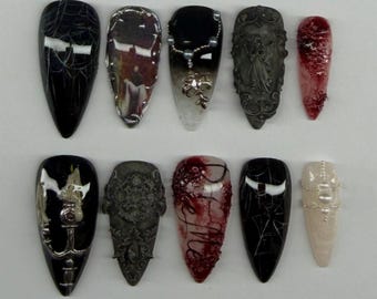 Gothic Horror Press on Nails Handmade 3D Candle Nails Luxury Blood & Angel False Nails High Quality Hand painted Custom Noir Art Nail Set