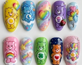 Handmade 3D Care Bear Press On Nails | Pastel Rainbow & Cloud Art | Nostalgic Kawaii Custom Nails