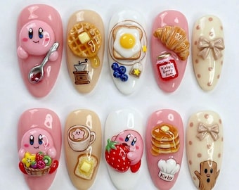 Summer Press On Nails Kirby Nails Breakfast Café Waffle Pancake Egg Coffee Cute 3D Handmade Nails Kawaii Custom Fake Glue On Nails