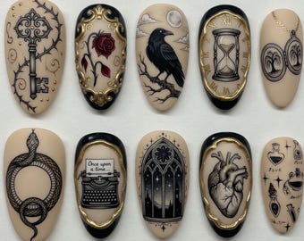 Summer Press On Nails Gothic Raven Nails Rose Key Hourglass Snake Cute 3D Handmade Nails Typewriter Anatomical Heart Custom Fake Nails