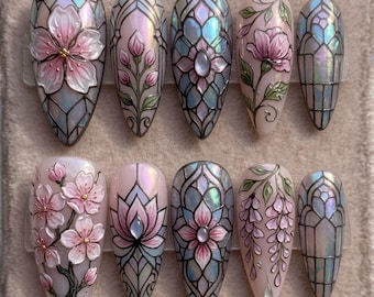 Stained Glass Press On Nails Handmade Custom Fake Glue On Nails 3D Sakura Cherry Blossom Lotus Wisteria Floral Pink Purple Pastel Iridescent
