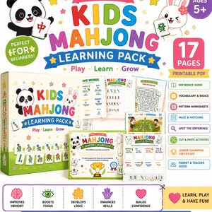 May include: A colorful Kids Mahjong learning pack printable PDF set featuring a panda and rabbit mascot. Includes 17 pages of reference guides, vocabulary, pattern worksheets, mazes, spot the difference, cut and paste activities, and a champion certificate.