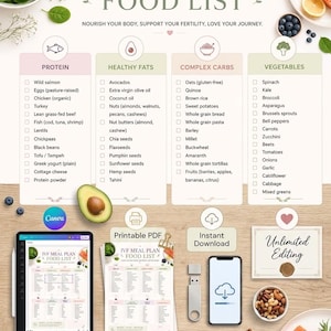 May include: An IVF Journey Wellness meal plan food list infographic featuring categories for protein, healthy fats, complex carbs, and vegetables. The document includes checkboxes for items like salmon, avocado, and oats, with text labels for printable PDF and instant download.