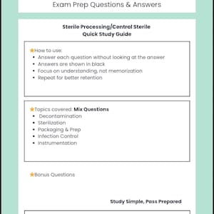 Può includere: Un foglio di lavoro intitolato "CBSPD PRACTICE WORKSHEETS" con il sottotitolo "Exam Prep Questions & Answers". La guida tratta argomenti come la decontaminazione e la sterilizzazione. Le istruzioni includono rispondere alle domande e concentrarsi sulla comprensione. "Study Simple, Pass Prepared" in basso.