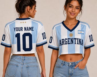 Personalized Argentina Crop Top Jersey, Custom Name Number Soccer Shirt, Argentina Fan Crop Top, Women Game Day Jersey, Football Fan Top