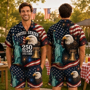 Camisa hawaiana de los 250 años de EE. UU., camisa de América 1776-2026, camisa patriótica con águila y botones, camisa hawaiana del 4 de julio, regalo con la bandera estadounidense