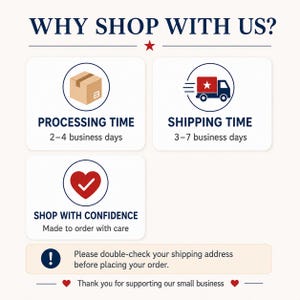 Może przedstawiać: Grafika informacyjna z tytułem WHY SHOP WITH US? zawierająca trzy sekcje z ikonami: brązowy karton dla PROCESSING TIME 2-4 business days, czerwona ciężar&oacute;wka dla SHIPPING TIME 3-7 business days oraz czerwone serce dla SHOP WITH CONFIDENCE.