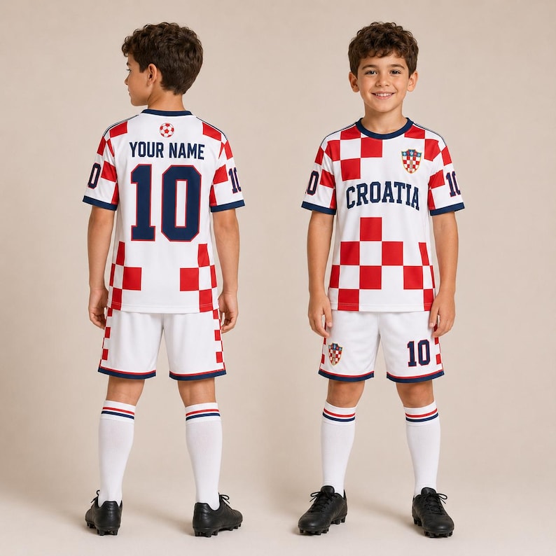 Może przedstawiać: Biało-czerwony piłkarski komplet w szachownicę, składający się z koszulki i spodenek, z napisem CROATIA oraz numerem 10. Na plecach koszulki widnieje napis YOUR NAME nad numerem 10. Zestaw uzupełniają białe getry oraz czarne obuwie sportowe.