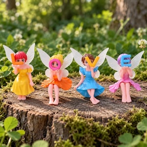 May include: Four fairy figurines with white wings, each wearing a different colored dress—yellow, orange, blue, and pink—and holding a letter in front of their face. Together, the figurines hold the letters L, O, V, and E, spelling out the word LOVE.