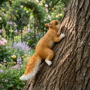 May include: A detailed, resin squirrel climbing a tree trunk. The squirrel has a reddish-brown body, a fluffy tail with white accents, and white paws. The tree bark is textured, and the background shows a garden with flowers and a wrought iron gate.