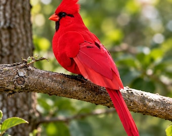 May include: A bright red cardinal bird perched on a textured brown tree branch. The bird features a prominent crest on its head, a sharp orange beak, and a distinct black mask surrounding its eyes, with vibrant red feathers covering its body.
