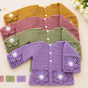 May include: Four crochet cardigans in mustard yellow, dusty rose, sage green, and lavender purple. Each features a floral design on the sleeves and bottom, with white buttons. The text reads "Multiple Colours, Same Beautiful Design."