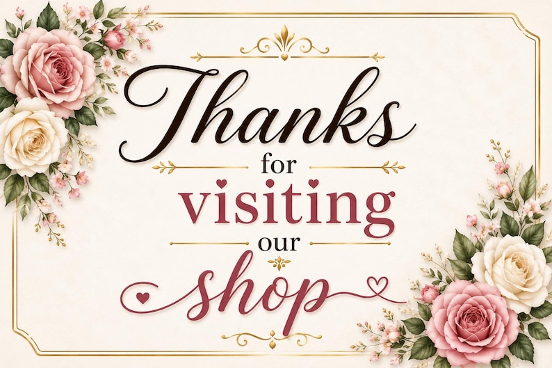 Puede incluir: Un letrero rectangular con fondo crema y borde dorado, que presenta el texto Thanks for visiting our shop en letra cursiva negra y granate. Las esquinas est&aacute;n decoradas con racimos de rosas rosas y blancas y hojas verdes.