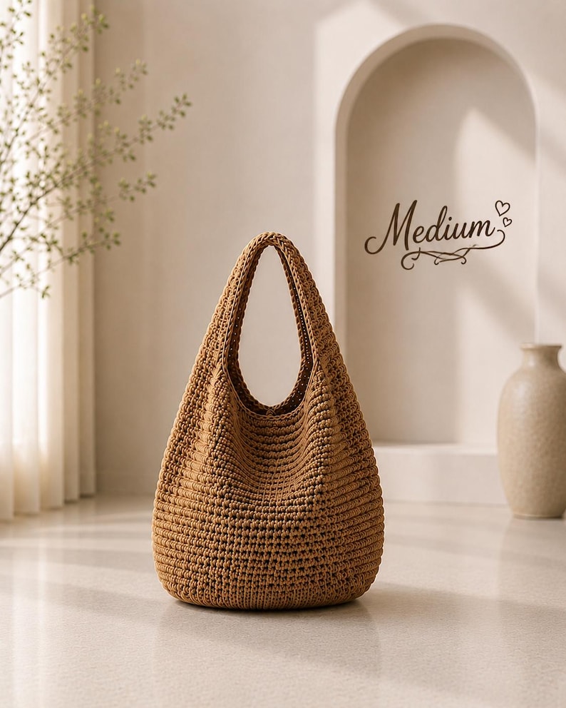 Puede incluir: Un bolso hobo de ganchillo de color tostado, de tama&ntilde;o mediano, con un patr&oacute;n de punto tejido y texturizado. El bolso cuenta con un asa integrada &uacute;nica y una silueta redondeada y holgada. La palabra Medium aparece escrita en cursiva.