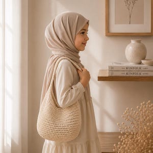 Puede incluir: Un bolso de hombro de ganchillo en color beige con forma de media luna y un patr&oacute;n tejido texturizado. El bolso cuenta con una sola asa integrada y est&aacute; elaborado con hilo de color claro, mostrando un dise&ntilde;o sencillo y funcional para objetos.