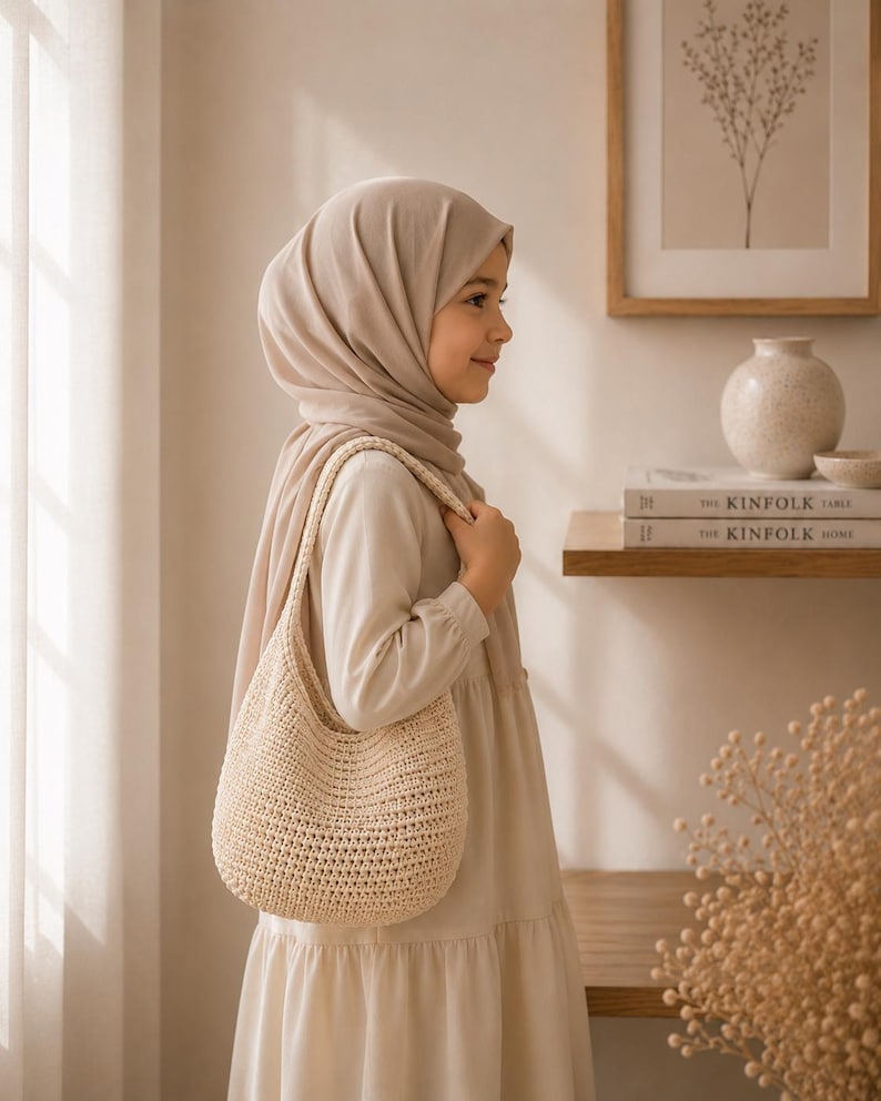 Puede incluir: Un bolso de hombro de ganchillo en color beige con forma de media luna y un patr&oacute;n tejido texturizado. El bolso cuenta con una sola asa integrada y est&aacute; elaborado con hilo de color claro, mostrando un dise&ntilde;o sencillo y funcional para objetos.