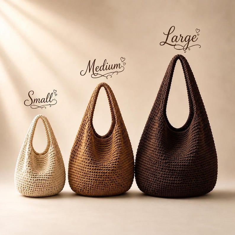 Puede incluir: Tres bolsos hobo de ganchillo dispuestos por tama&ntilde;o, etiquetados como Small, Medium y Large. El bolso peque&ntilde;o es crema, el mediano es bronceado y el grande es marr&oacute;n oscuro. Cada bolso tiene un asa integrada &uacute;nica y un patr&oacute;n de tejido texturizado.