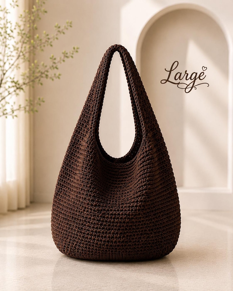 Puede incluir: Un bolso estilo hobo de color marr&oacute;n oscuro confeccionado con un patr&oacute;n de punto de ganchillo denso y texturizado. El bolso cuenta con una sola correa integrada para el hombro y una base redondeada. La palabra Large aparece a la derecha.