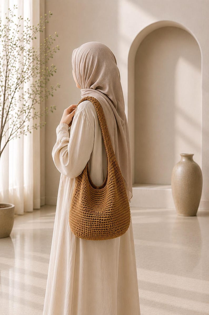 Puede incluir: Un bolso de hombro marr&oacute;n de tama&ntilde;o mediano, estilo hobo, confeccionado con un patr&oacute;n de tejido de ganchillo denso y texturizado. El bolso cuenta con una correa &uacute;nica, ancha e integrada, que descansa sobre el hombro con un punto uniforme.