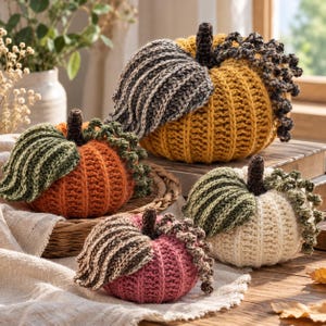 May include: A collection of four crocheted pumpkins in yellow, orange, pink, and cream. Each pumpkin features a dark brown stem, a large ribbed leaf, and a curly vine accent. The pumpkins are arranged together on a wooden surface.