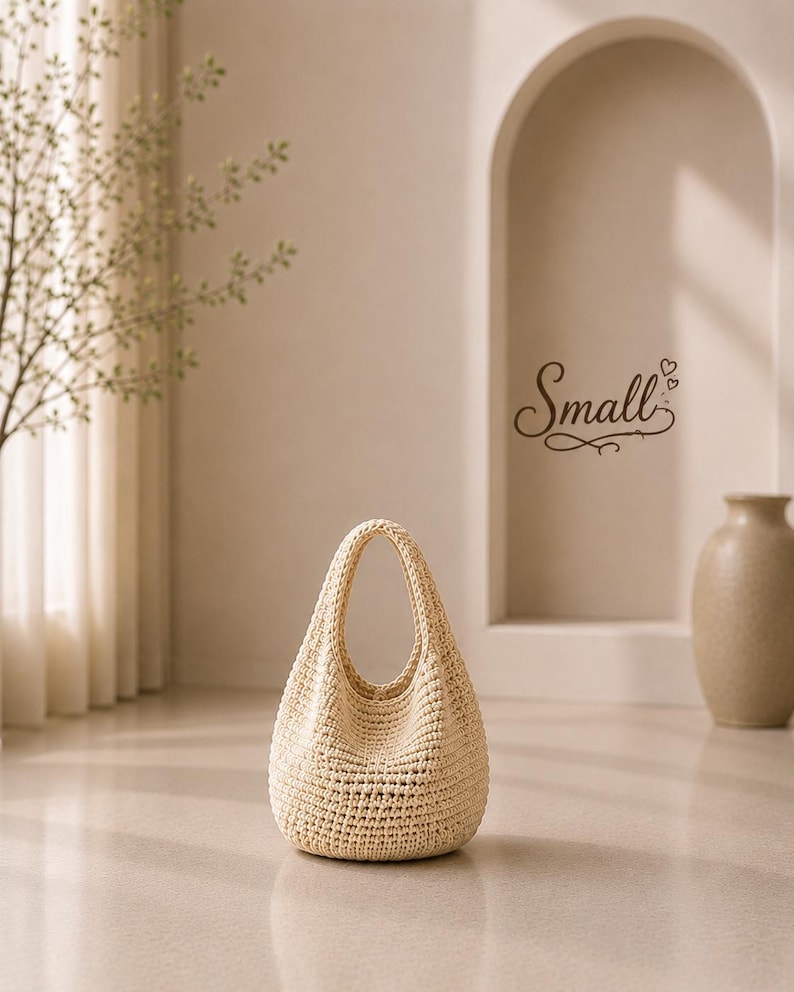Puede incluir: Un bolso de estilo hobo tejido a ganchillo en color crema, con un asa integrada &uacute;nica y una base redondeada. El bolso presenta un patr&oacute;n de puntos denso y texturizado. La palabra Small est&aacute; escrita en cursiva marr&oacute;n oscuro sobre el bolso.