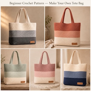 Puede incluir: Una colecci&oacute;n de cinco bolsos tote de ganchillo con un patr&oacute;n para principiantes. Cada bolso presenta un dise&ntilde;o de bloques de tres colores con una peque&ntilde;a etiqueta rectangular en la parte inferior. Los bolsos se muestran en varias combinaciones de colores que incluyen crema, gris, carb&oacute;n, &oacute;xido, melocot&oacute;n, verde salvia y azul marino.
