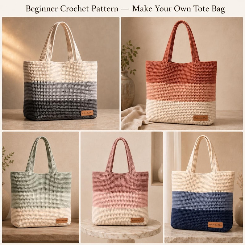 Puede incluir: Una colecci&oacute;n de cinco bolsos tote de ganchillo con un patr&oacute;n para principiantes. Cada bolso presenta un dise&ntilde;o de bloques de tres colores con una peque&ntilde;a etiqueta rectangular en la parte inferior. Los bolsos se muestran en varias combinaciones de colores que incluyen crema, gris, carb&oacute;n, &oacute;xido, melocot&oacute;n, verde salvia y azul marino.