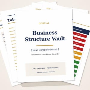 May include: A stack of white business document templates with dark blue and gold text. The top page is titled Official Business Structure Vault, featuring fields for company name, governance, compliance, records, EIN, state filing, and formation date.