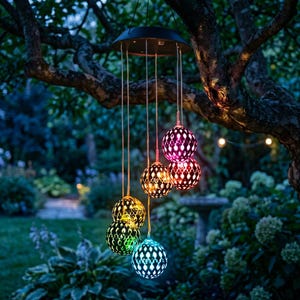 May include: Solar-powered outdoor wind chimes with six spherical, patterned lights. The lights are suspended from a black, circular fixture and hang from a tree branch. Each sphere emits a different color, including green, blue, yellow, and pink, creating a vibrant display.