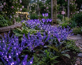 Luminária solar de jardim em formato de flor de lavanda, com LED roxo, à prova d'água, para uso externo em pátios, gramados e quintais.