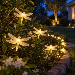 May include: A string of decorative dragonfly-shaped lights featuring translucent, textured wings and illuminated bodies that emit a warm yellow glow, arranged throughout the green foliage of a garden bush during the evening hours.