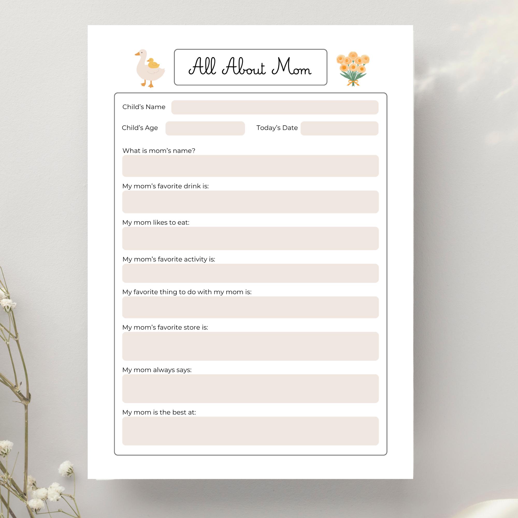 All About Mom Printable Questionnaire | Kid's Mothers Day Interview ...