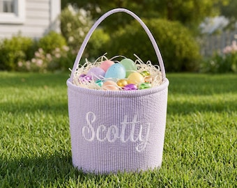 Cesta de Pascua de tela seersucker bordada con nombre personalizado, bolsa reutilizable para la búsqueda de huevos de Pascua para niños.
