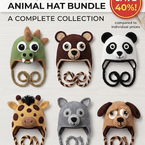 Puede incluir: Un conjunto de 6 gorros de animales tejidos a ganchillo con orejeras y lazos trenzados. La colección incluye un dragón verde, un oso marrón, un panda blanco y negro, una jirafa amarilla, un mapache gris y un perro beige con orejas caídas.