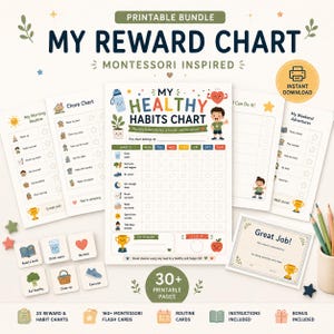 Reward Chart Bundle for Kids | 33 Printable Montessori Habit & Routine Charts | Personalized Bonus Pages | Instant PDF Download