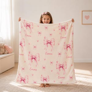 Pink Watercolor Bows Velveteen Plush Blanket | Personalized Name Pattern