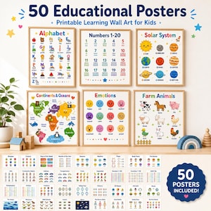 Puede incluir: Una colección de 50 pósteres educativos con ilustraciones coloridas para niños. El conjunto incluye láminas murales grandes sobre el alfabeto, los números del 1 al 20, el sistema solar, continentes, océanos, emociones y animales.