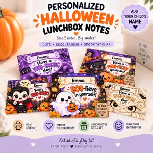 Puede incluir: Un conjunto de cinco notas rectangulares para fiambreras con temática de Halloween que incluyen el nombre Emma y varias ilustraciones como una araña, un gato con sombrero de bruja, un vampiro, un fantasma y una momia, rodeados de calabazas.