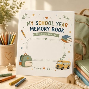 Puede incluir: Un libro de recuerdos blanco titulado MY SCHOOL YEAR MEMORY BOOK First Day to Last Day, con ilustraciones de un lápiz, una pila de libros, una mochila verde, un autobús escolar amarillo, estrellas, corazones y hojas en la portada.