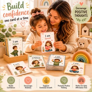 Puede incluir: Tarjetas de afirmación con mensajes positivos e ilustraciones, como "Soy valiente" y "Soy amado". Las tarjetas están sobre una mesa de madera con una caja de madera, un oso de peluche y un arcoíris de madera.