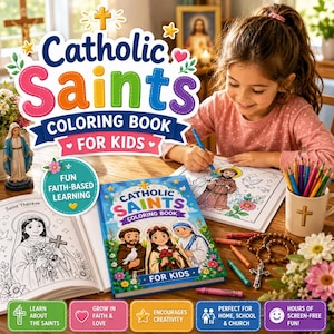 Puede incluir: Una niña colorea en un "Libro para colorear de santos católicos para niños". El libro está abierto en una página con una ilustración de un santo. La portada del libro es visible, con ilustraciones de santos. Lápices de colores, ceras y un rosario están sobre la mesa.